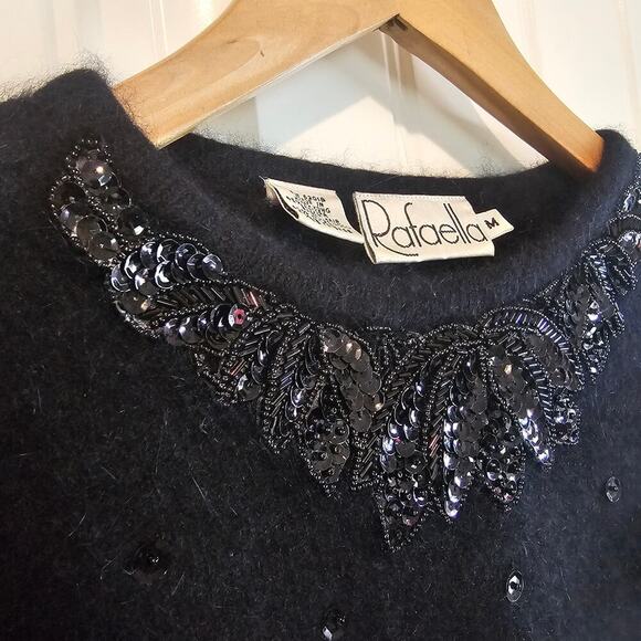 Vintage Rafaella Sweater Women Medium Black Lambswool Angora Beaded Glam Classic - Picture 5 of 10
